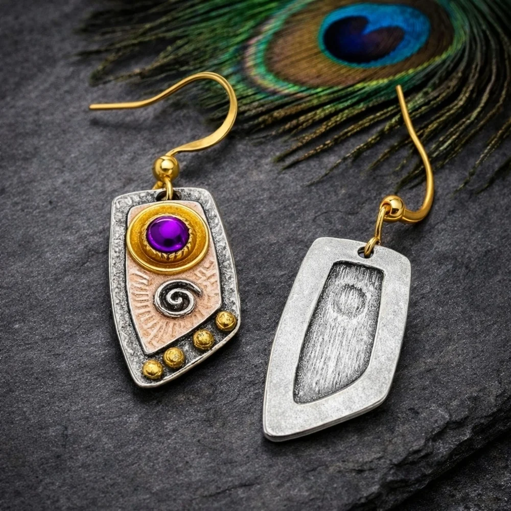Boho Mixed Metal Purple Gem Spiral Drop Earrings Silver Plated Festival Jewelry